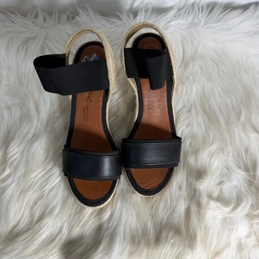 Dalson Espadrilles Black Leather Elastic Strap Wedge Sandals Made in Spain‎ 37